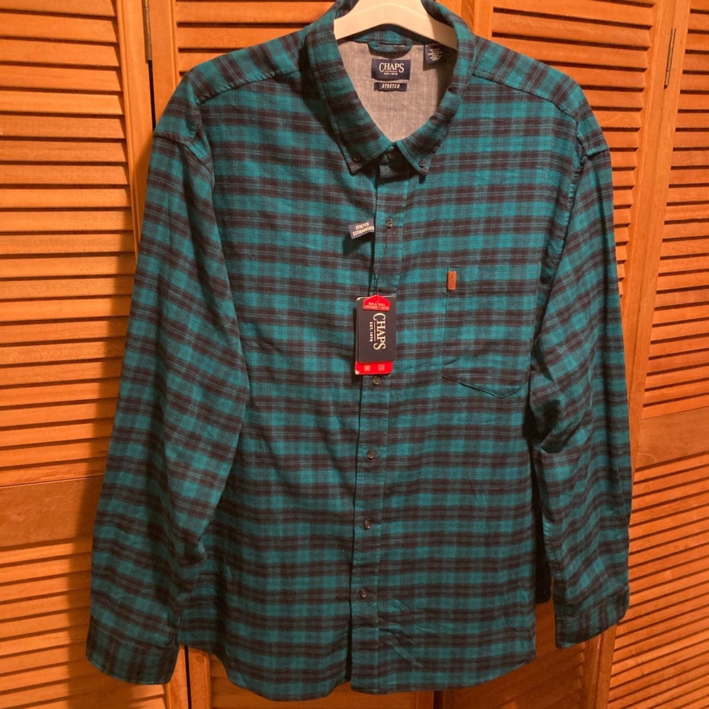 Chaps Green & Navy Blue Plaid Stretch Shirt
